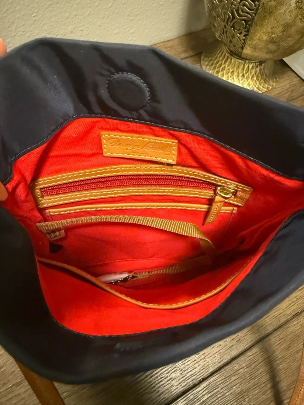 Dooney & Bourke Navy Crossbody with Tan Strap and Logo Plaque - Picture 6 of 8